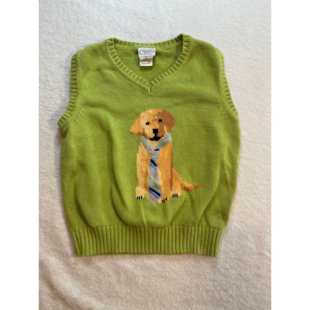 Talbots Kids Lime Green Golden Retriever Dog Tie Sweater Vest Cotton Size 5